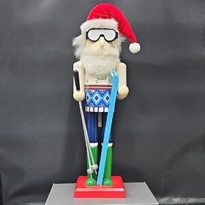 Skiing Santa Nutcracker with Red Hat and Blue Skis (Christmas)